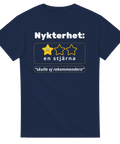 Humoristisk design: Nykterhet får en stjärna, "skulle ej rekommendera" på marinblå t-shirt.