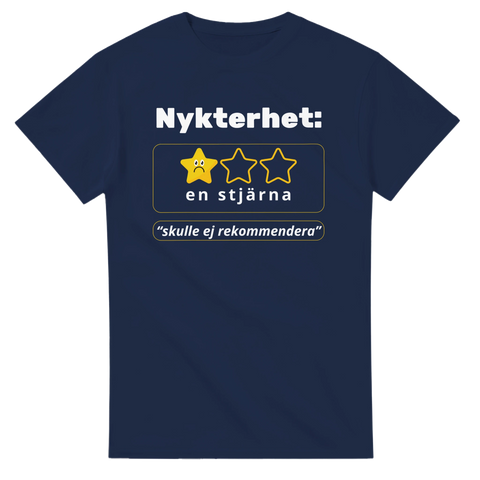 Humoristisk design: Nykterhet får en stjärna, "skulle ej rekommendera" på marinblå t-shirt.