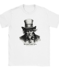 Satirisk illustration av en sliten Uncle Sam med provokativ textdesign