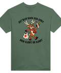 Grön t-shirt med en hjort, flaska och texten ”Det blev bara ren sprit – men hjort är hjort”.