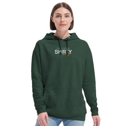 THE ORIGINAL SHIRTY Design" texttryck i vitt och orange på mörkgrön hoodie med dragsko och magficka.