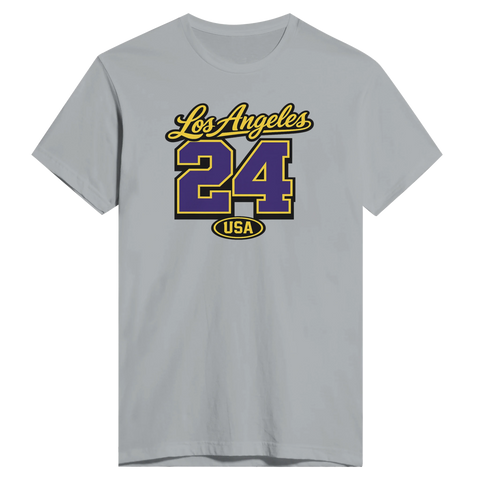 Los Angeles 24 USA texttryck i gult och lila på grå t-shirt, sportig college-stil.