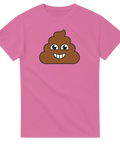 Bajsemoji med glatt ansikte på rosa t-shirt.