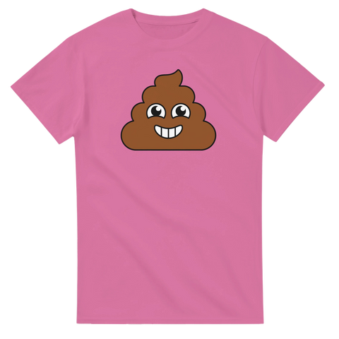 Bajsemoji med glatt ansikte på rosa t-shirt.