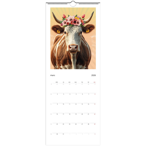 Brunvit ko med blomsterkrans på huvudet, kalender 2026.