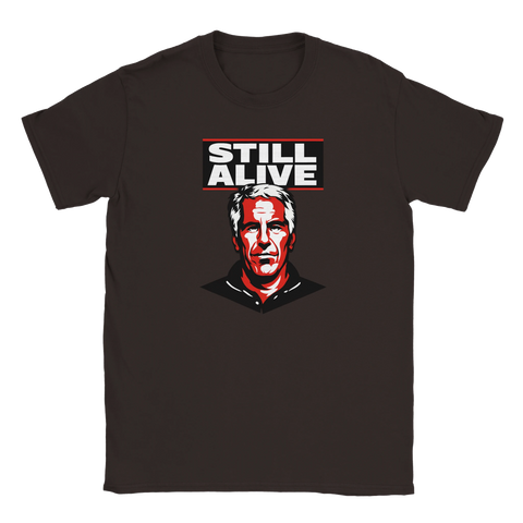 Brun t-shirt med uppkäftigt motiv föreställande Jeffrey Epstein