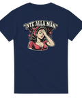 Klassisk 50-tals estetik med ironiskt citat och kvinna som suckar på marinblå t-shirt