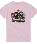 Karibiskt landskap och revolutionära ikoner som tryck på ljusrosa t-shirt