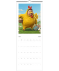 King Jong-Fun som påskkyckling med korg av påskägg, kaniner på Väggkalender 2026.