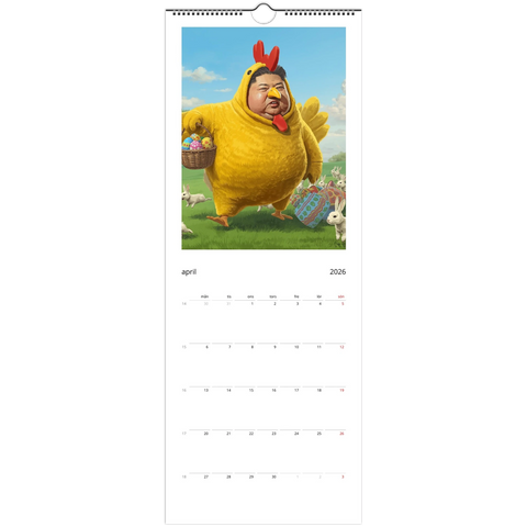 King Jong-Fun som påskkyckling med korg av påskägg, kaniner på Väggkalender 2026.
