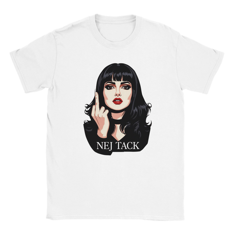 Statement-design med satirisk underton tryckt på vit t-shirt