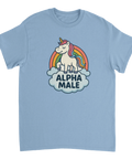 Blå t-shirt med grafiskt tryck av en enhörning på ett moln