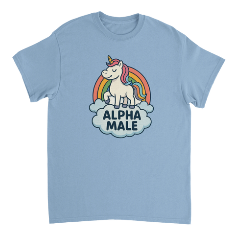 Blå t-shirt med grafiskt tryck av en enhörning på ett moln