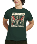 Närbild på t-shirt med romersk soldat och humoristisk text om historia