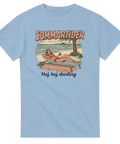 Retro pop art-illustration av kvinna på strandstol – ljusblå t-shirt