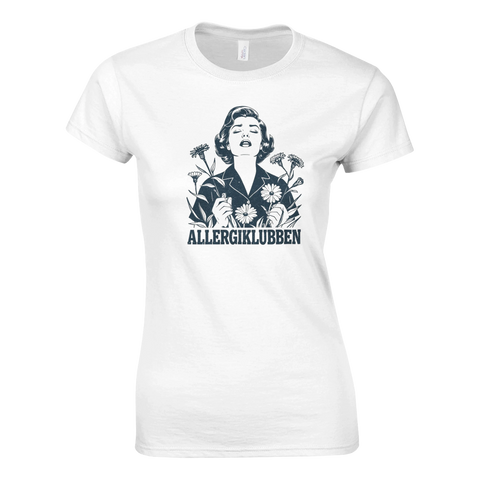 Retro illustration av kvinna bland blommor – vintage t-shirt med texten Allergiklubben