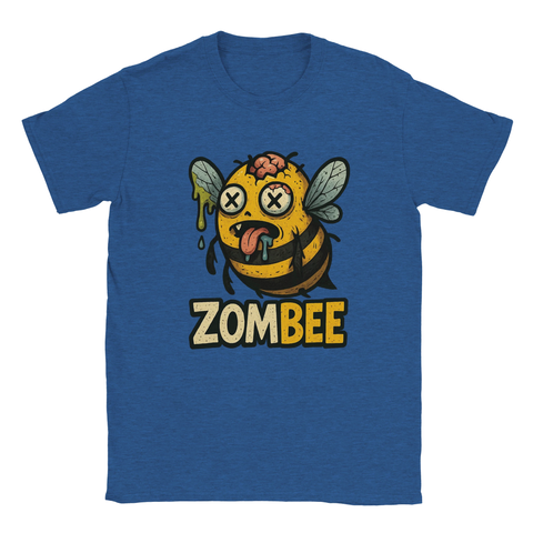 Rolig t-shirt med tryck av zombiefierad humla, "Zombee", med tungan ute och läckande hjärna.