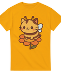 Gul t-shirt med samma motiv: söt katt i bikostym sittandes på en blomma.

