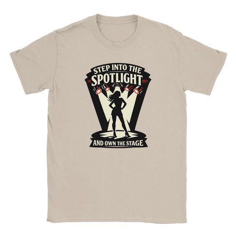 Beige t-shirt med grafiskt motiv av en kvinna i strålkastarljus