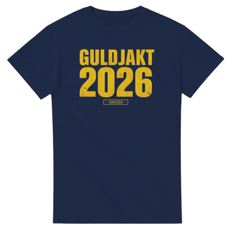 Marinblå supportertröja med grafiskt Guldjakt 2026 tryck i gult