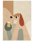 Grafisk illustration av en stiliserad hund i bruna toner som håller i ett ölglas med gult innehåll och vitt skum.