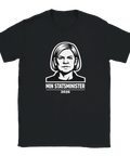 Svart t-shirt med vitt tryck av Magdalena Andersson i politisk affärsstil