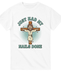 Satirisk retro cartoon-illustration av Jesus på korset – rolig t-shirt