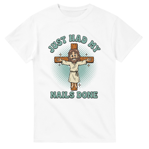 Satirisk retro cartoon-illustration av Jesus på korset – rolig t-shirt