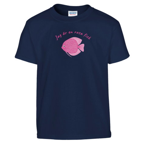 Grafiskt tryck av en rosa fisk och citat – marinblå barn t-shirt