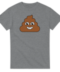 Bajskorv emoji med leende ansikte på grå t-shirt.