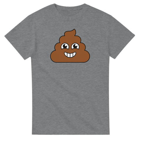 Bajskorv emoji med leende ansikte på grå t-shirt.