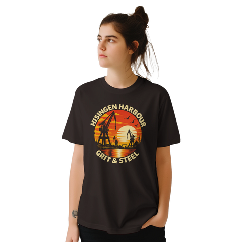 T-shirt med hamnmotiv i retrostil och texten Hisingen Harbour – Grit & Steel