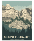 Vintageinspirerad reseaffisch av Mount Rushmore i South Dakota med dämpade färger i grått, grönt och ljusblått.