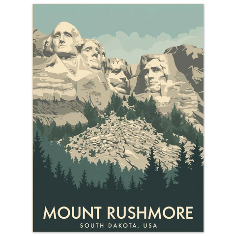 Vintageinspirerad reseaffisch av Mount Rushmore i South Dakota med dämpade färger i grått, grönt och ljusblått.