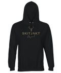 Hjortmotiv med text "Skitjakt Original" i guldnyans på svart hoodie.
