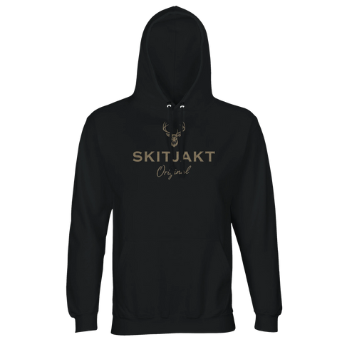 Hjortmotiv med text "Skitjakt Original" i guldnyans på svart hoodie.