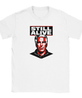Vit t-shirt med samhällskritisk illustration och texten Still Alive