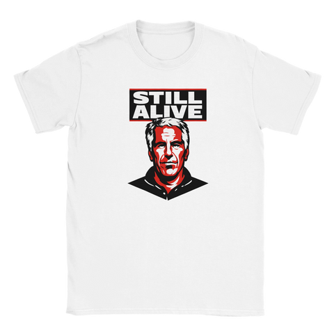 Vit t-shirt med samhällskritisk illustration och texten Still Alive