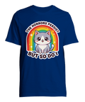 Illustration av söt kawaii-katt framför regnbåge med ironisk text på blå t-shirt