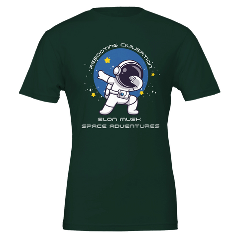 Dabbande astronaut i rymden, "Rebooting Civilisation Elon Musk Space Adventures" på mörkgrön t-shirt.