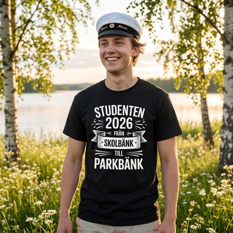 Leende kille i studentmössa bär t-shirt med roligt citat utomhus