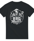 Grafiskt tryck med dödskalle i kockmössa och grillredskap på svart t-shirt