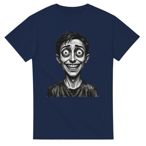 Psykologisk illustration av stirrande ansikte – mörkblå t-shirt med motiv