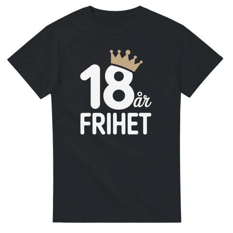 Svart t-shirt med vitt tryck 18 år Frihet och en liten guldkrona