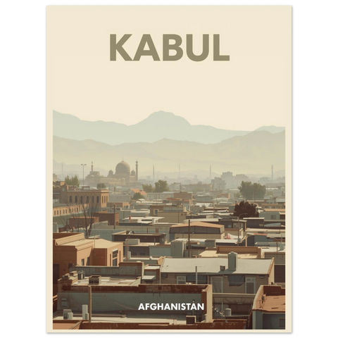 Illustration av Kabul med beige hus, en kupolformad moské och silhuetter av berg i bakgrunden under en ljus himmel.