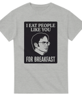 Gråmelerad t-shirt med satirisk illustration och tydlig typografi