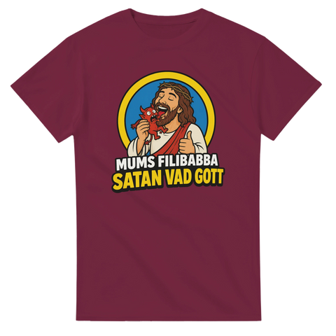 Religiös satir med texten Satan vad gott på vinröd t-shirt