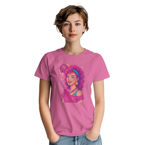 80s Girl på t-shirt, avgränsad form, stark kontrast, harmonisk vikt