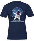 Dabbande astronaut i rymden, "Rebooting Civilisation" och "Elon Musk Space Adventures" på marinblå t-shirt.