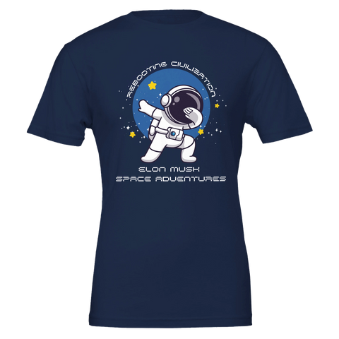 Dabbande astronaut i rymden, "Rebooting Civilisation" och "Elon Musk Space Adventures" på marinblå t-shirt.